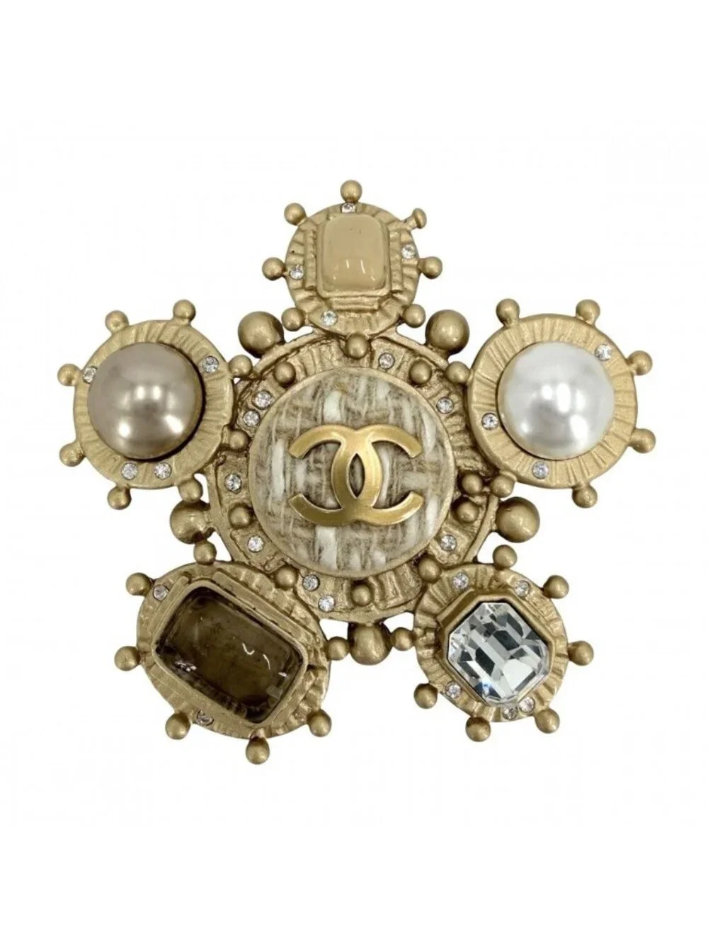 Chanel Big Brooch CC Logo Tweed Bijou Faux Pearl Rhinestone